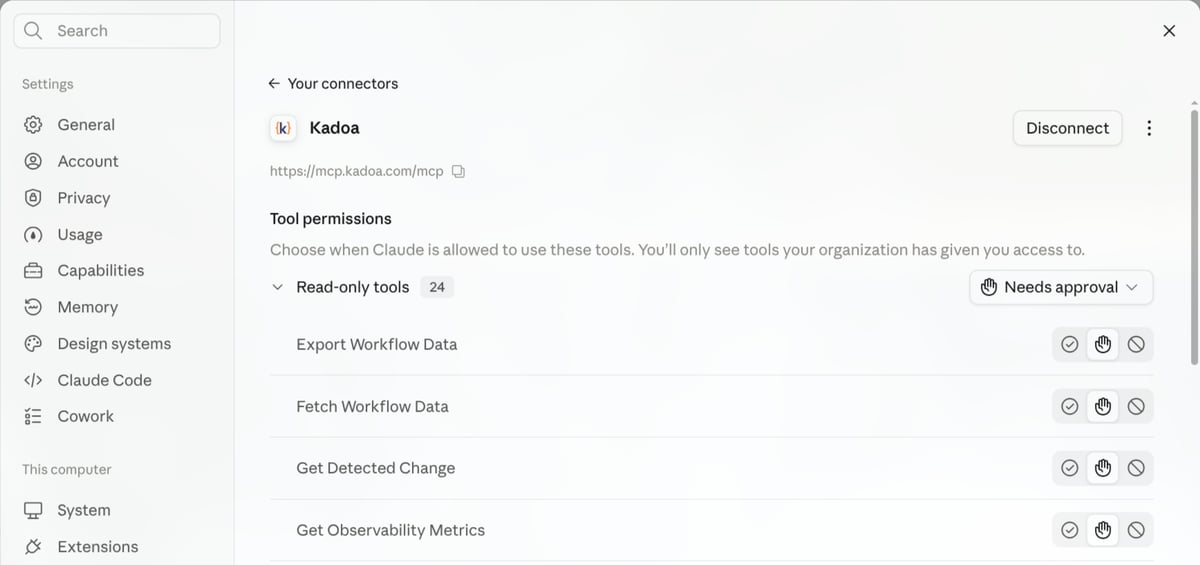 The Kadoa connector in Claude showing the server URL, a Disconnect button, and tool permissions