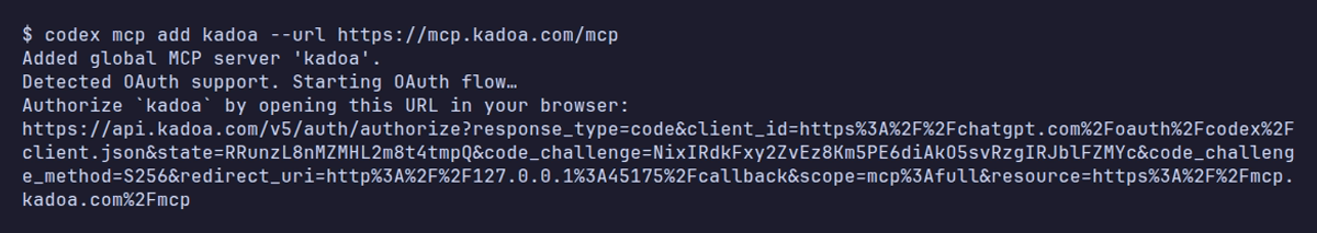 Terminal output of codex mcp add starting the OAuth flow with an authorization URL