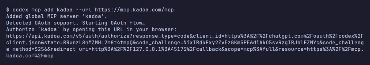 Terminal output of codex mcp add starting the OAuth flow with an authorization URL