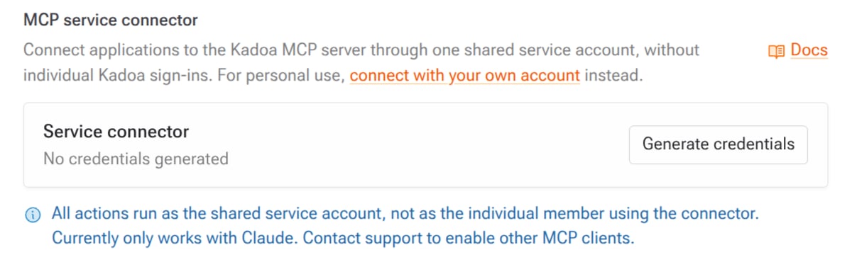 The MCP service connector section in Kadoa settings with the Generate credentials button