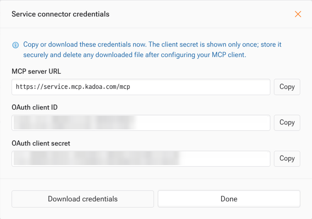 The Service connector credentials dialog showing the MCP server URL, OAuth client ID, and OAuth client secret fields