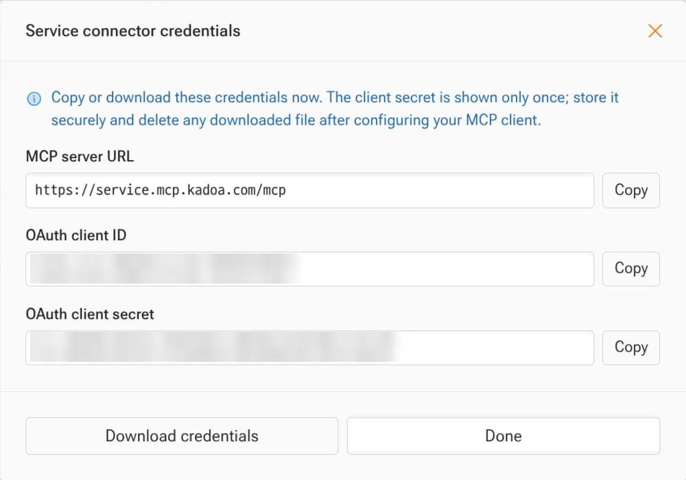 The Service connector credentials dialog showing the MCP server URL, OAuth client ID, and OAuth client secret fields