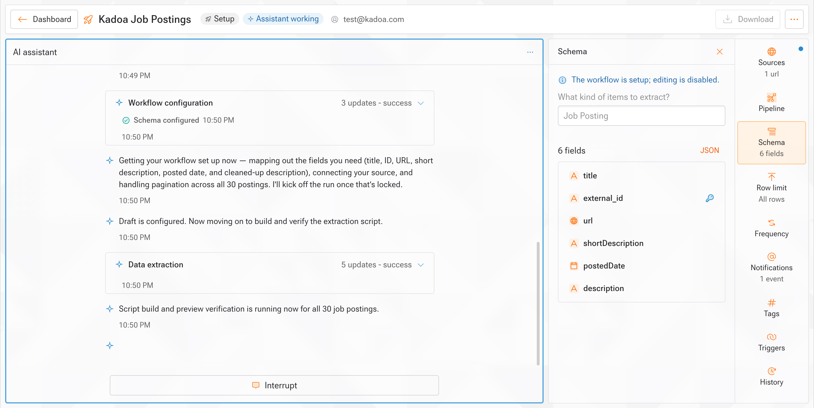 The Kadoa Assistant working through its setup plan step by step