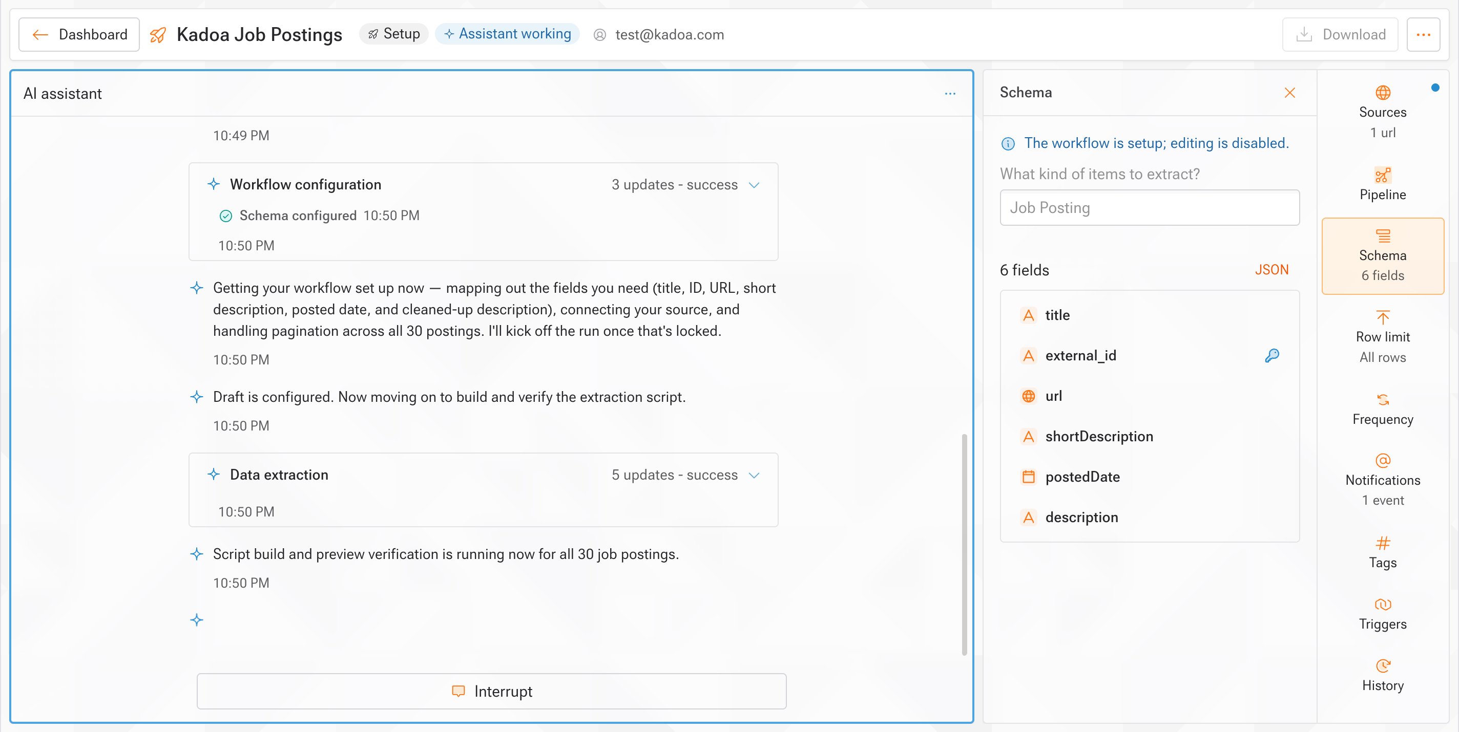 The Kadoa Assistant working through its setup plan step by step