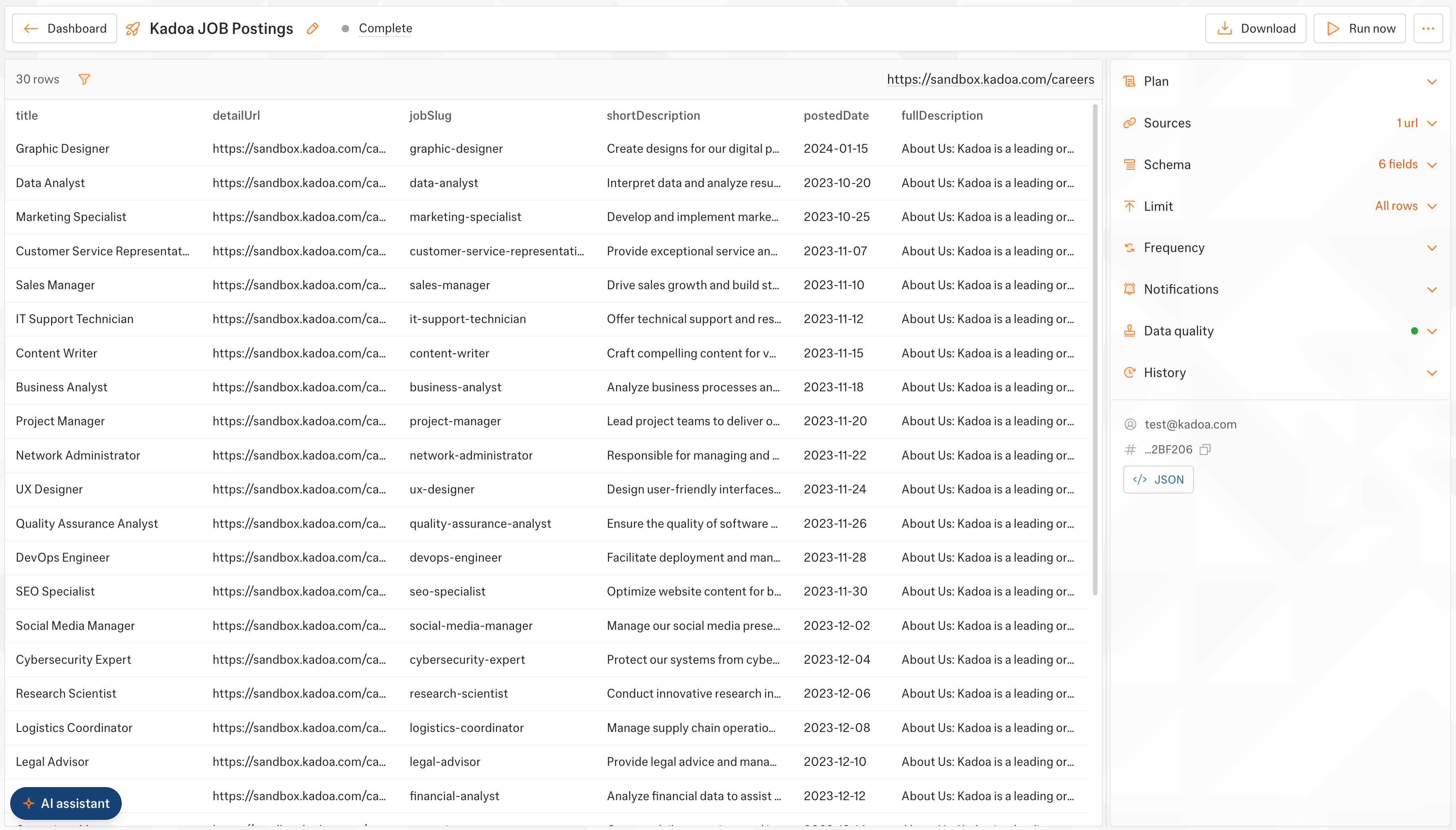 A completed workflow showing the full extracted dataset, with download and run controls and the data quality panel