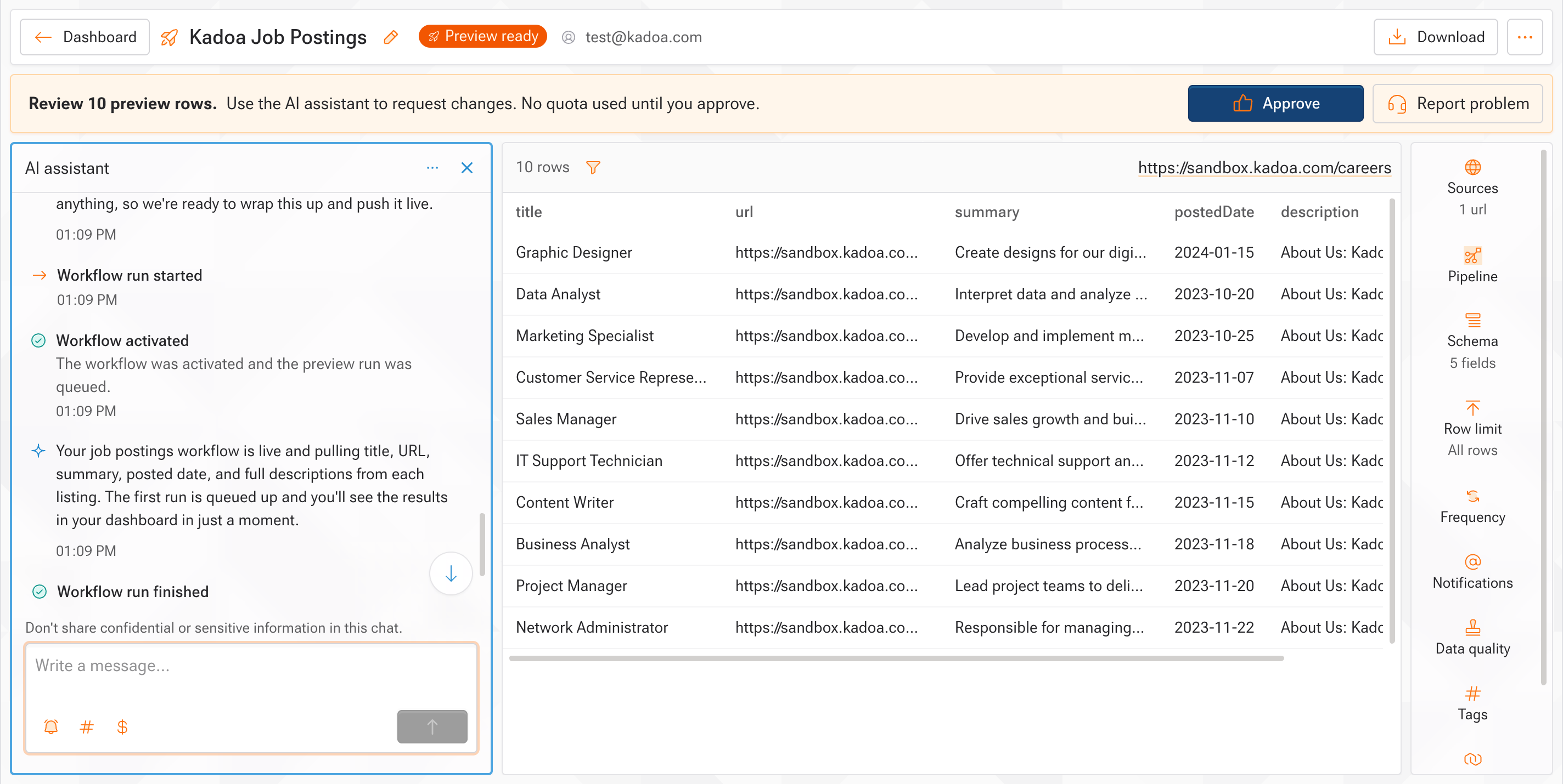 Preview data generated by the Assistant, shown as a structured table