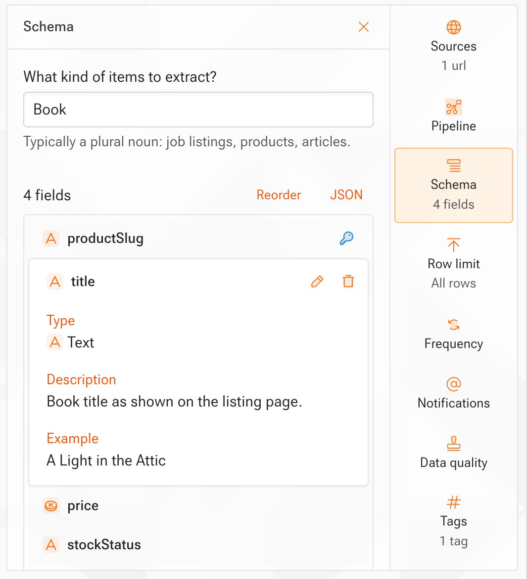Schema panel showing a field with its type, description, and example
