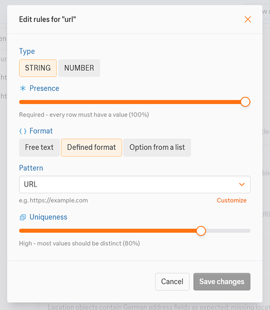 Workflow data quality edit dialog