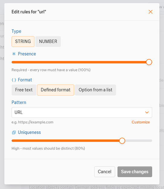 Workflow data quality edit dialog