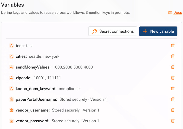Secret variables display only their storage status and version