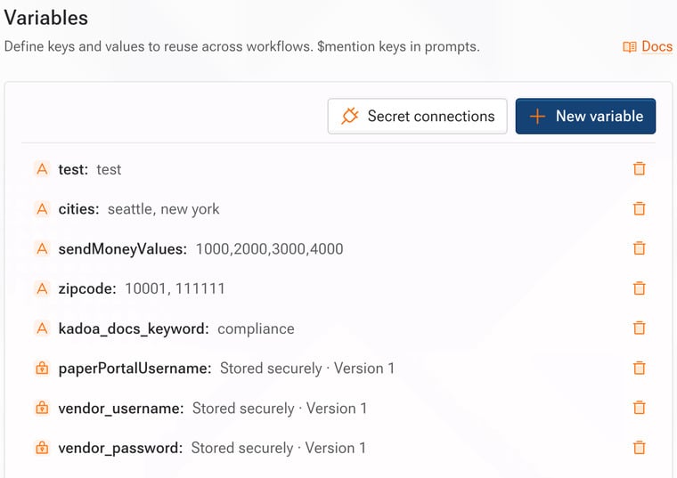 Secret variables display only their storage status and version