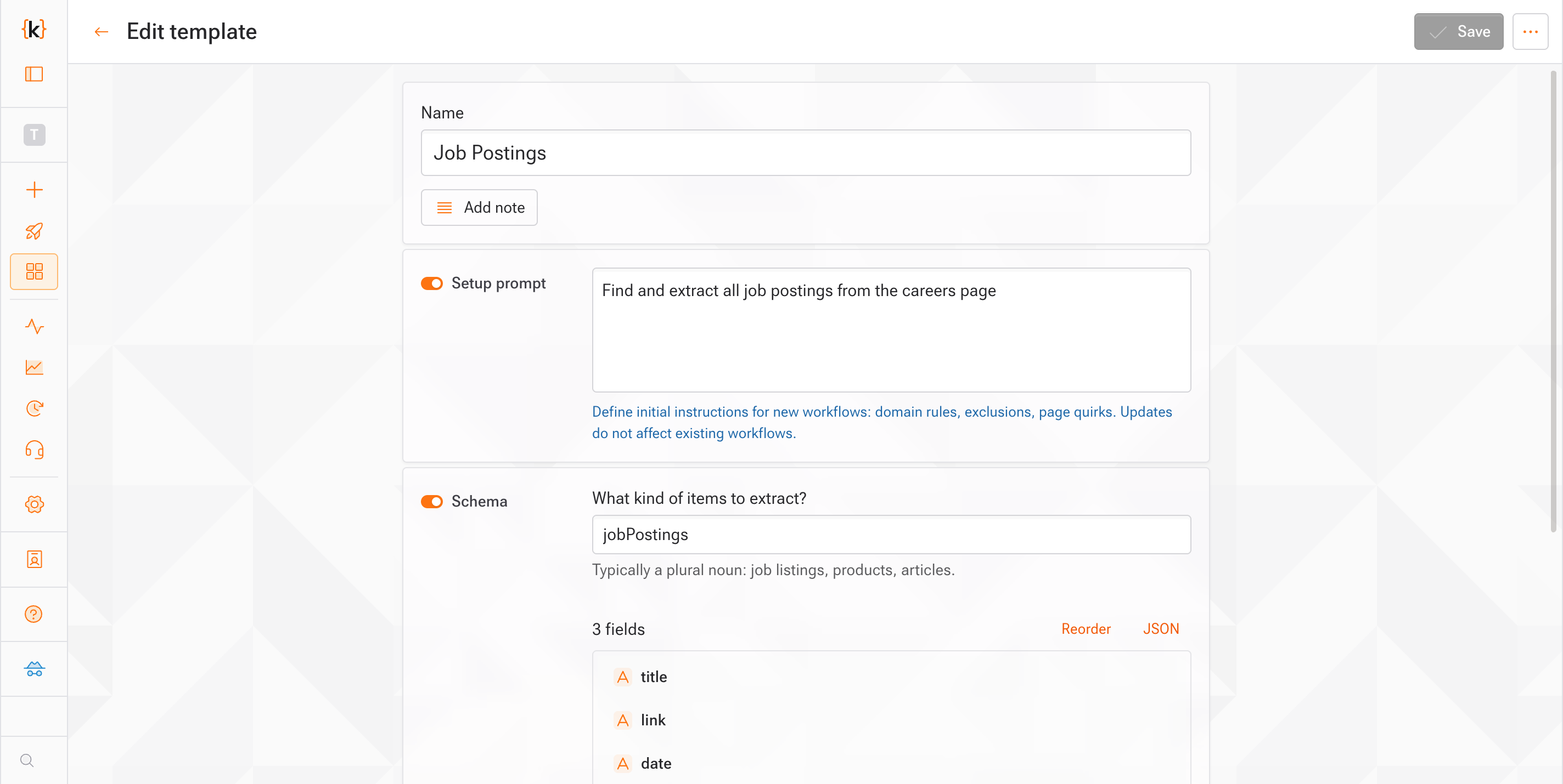 Template editor with prompt, schema, and notifications tabs