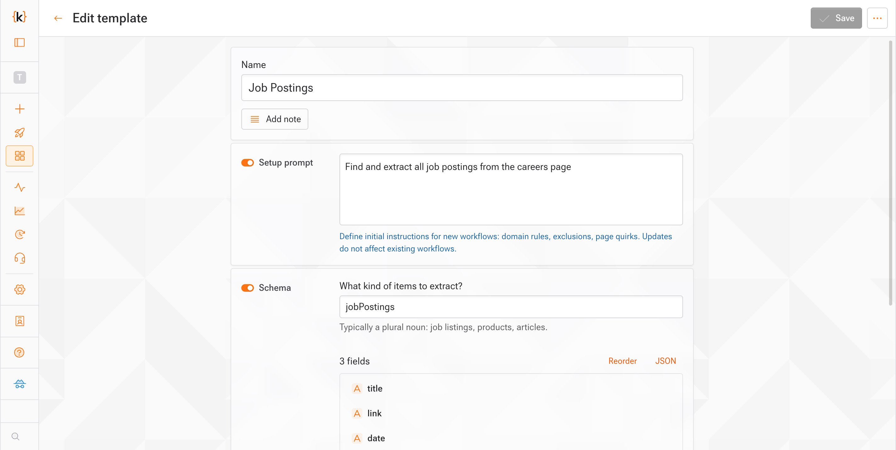 Template editor with prompt, schema, and notifications tabs