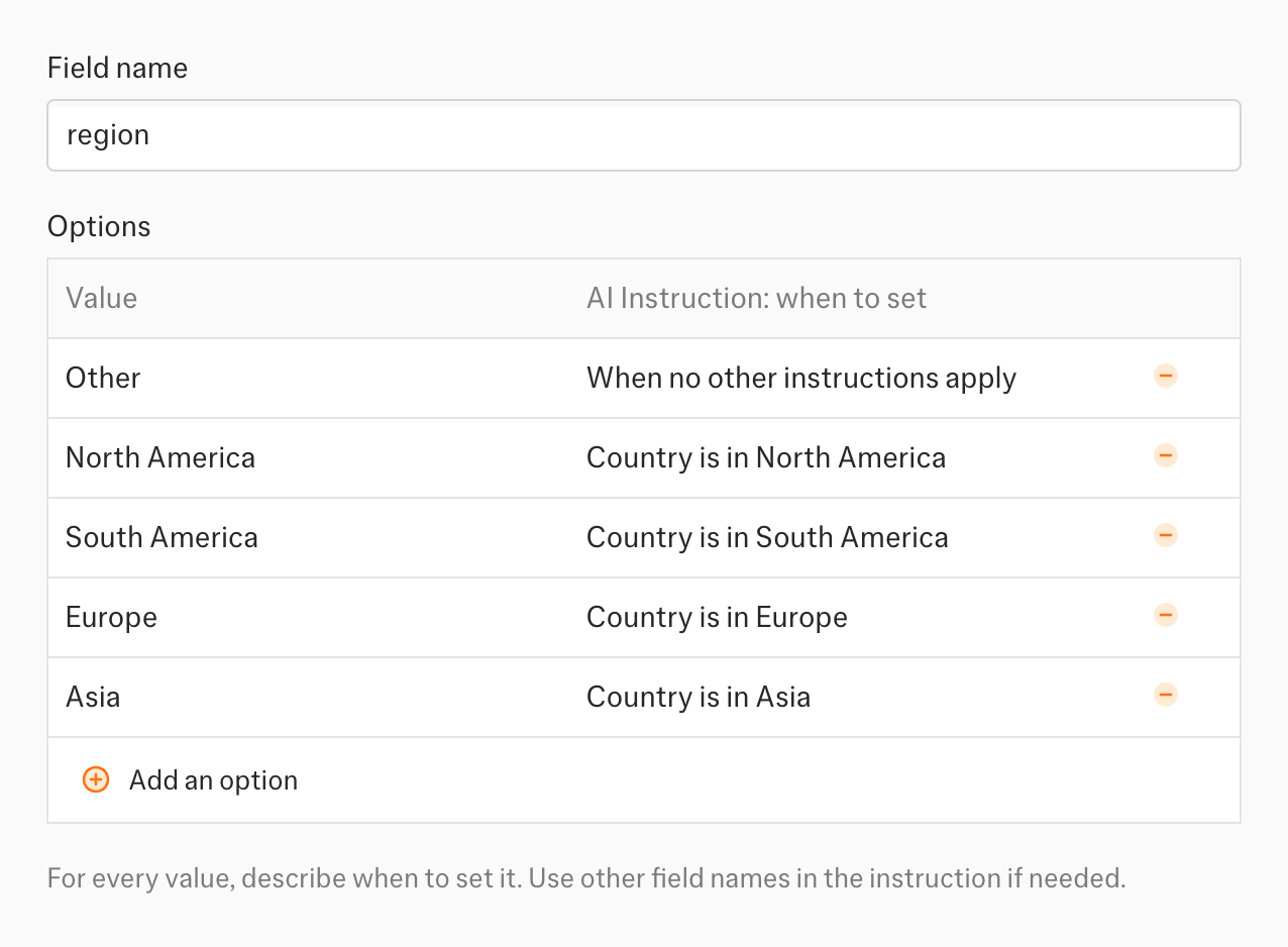 Classification field with categories and the instruction for when to set each one