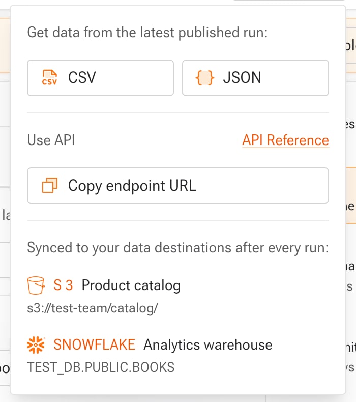 Download menu listing file formats and synced data destinations
