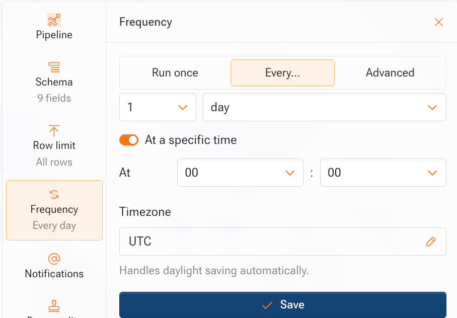 The Frequency panel with Run once, Every…, and Advanced modes, a daily interval, a specific time, and the timezone