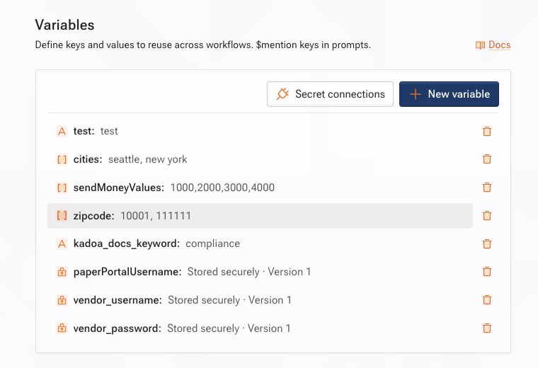 Secret variables display only their storage status and version