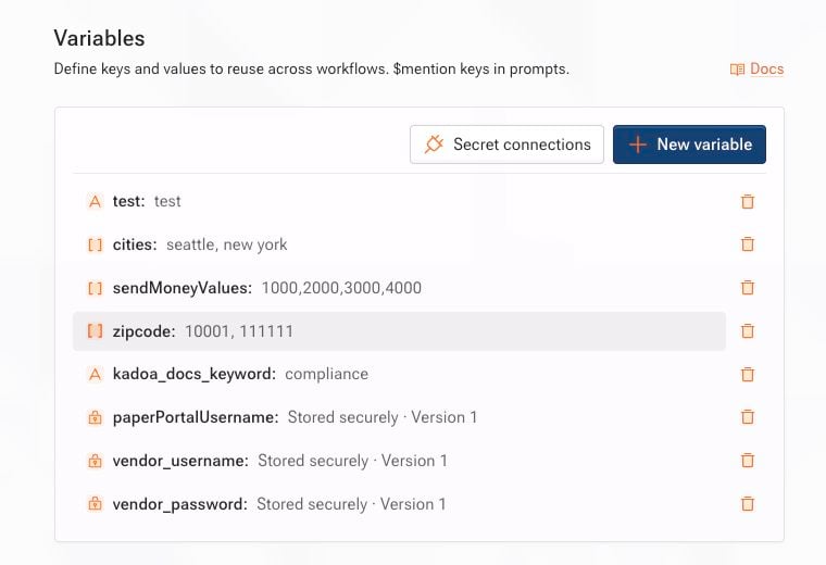 Secret variables display only their storage status and version
