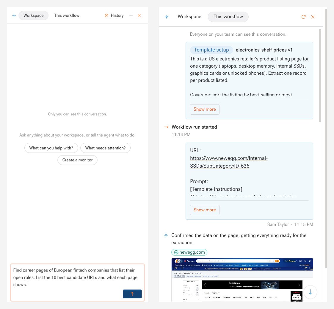 The agent panel side by side: a private Workspace chat with a source research request, and the This workflow chat that everyone on the team can see