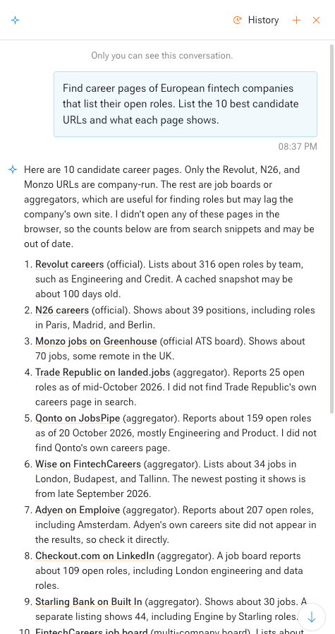 A Workspace chat answering a request for European fintech career pages: ten candidate URLs, each marked as company-run or job board, with what each page shows