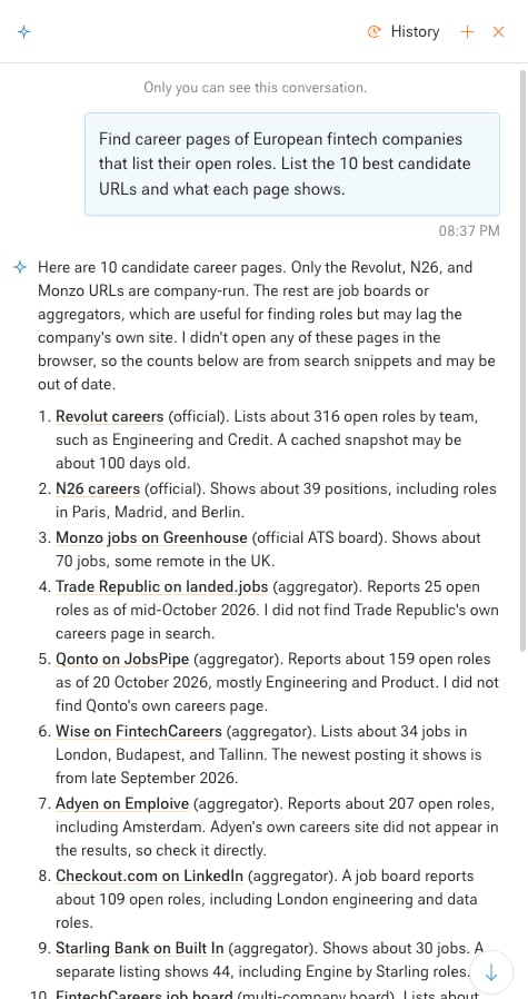 A Workspace chat answering a request for European fintech career pages: ten candidate URLs, each marked as company-run or job board, with what each page shows