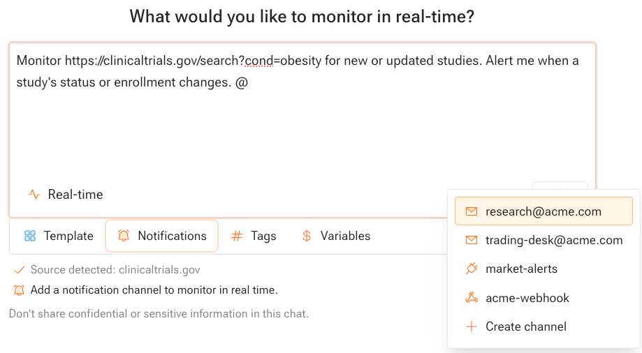 A real-time prompt with the notification channel list open, showing email, webhook, and other channels and a Create channel option