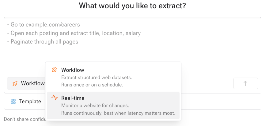 The product type menu below the setup prompt, with Workflow and Real-time options