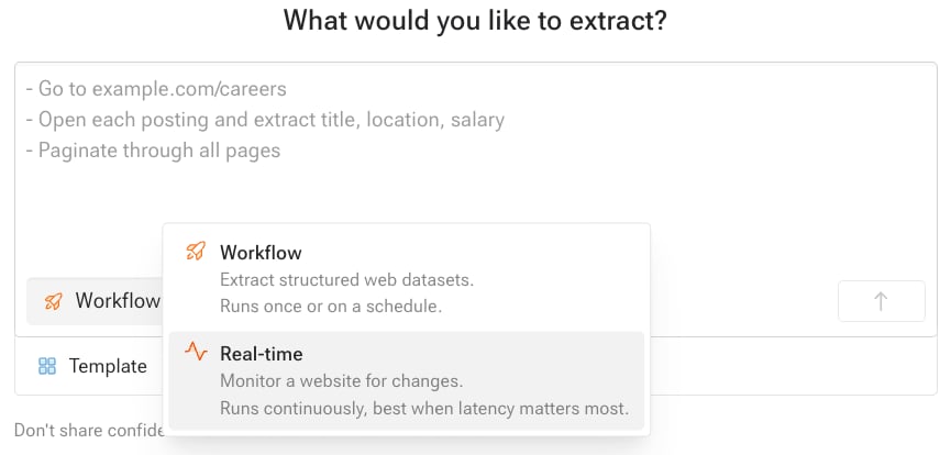 The product type menu below the setup prompt, with Workflow and Real-time options