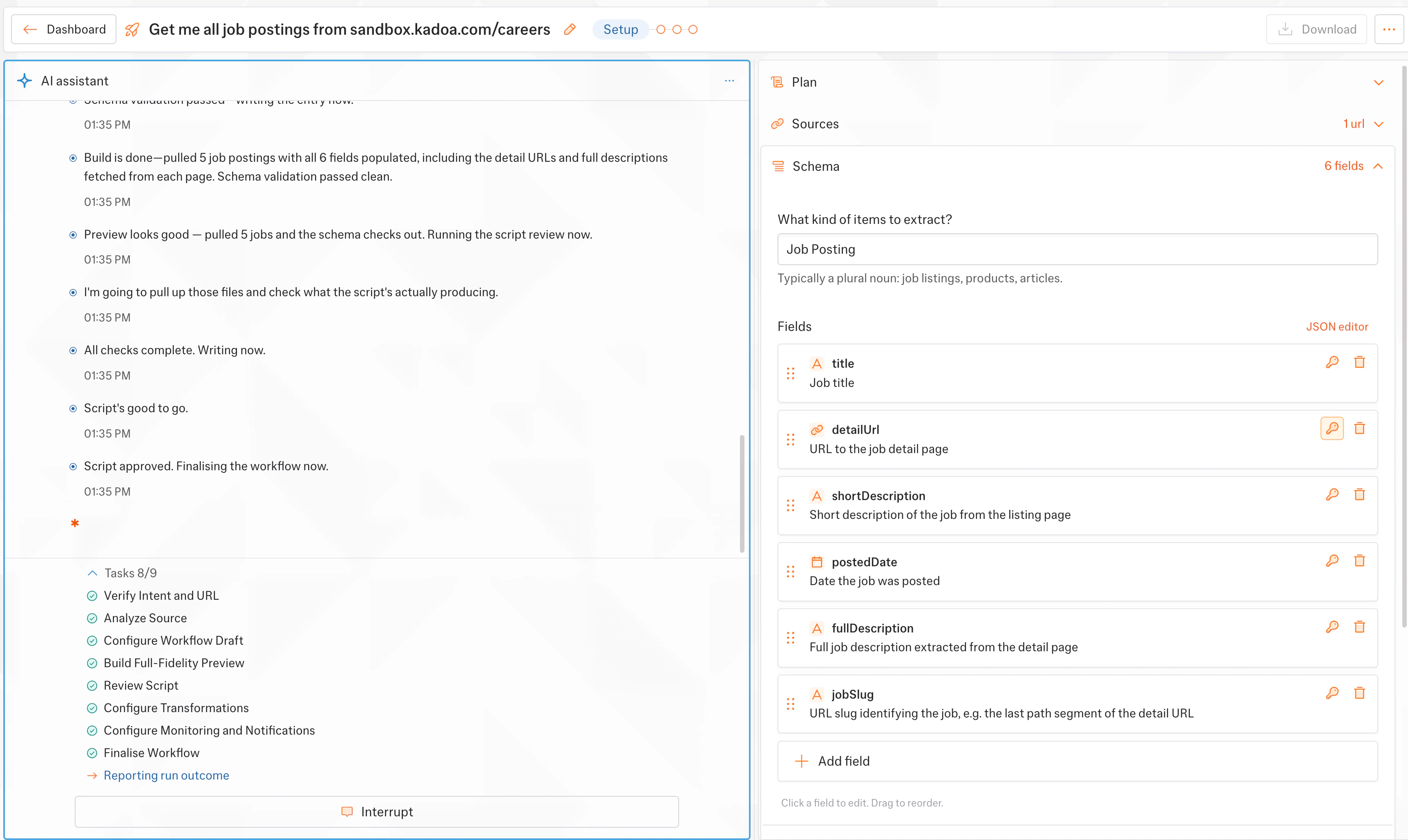 The Kadoa Assistant working through its setup plan step by step