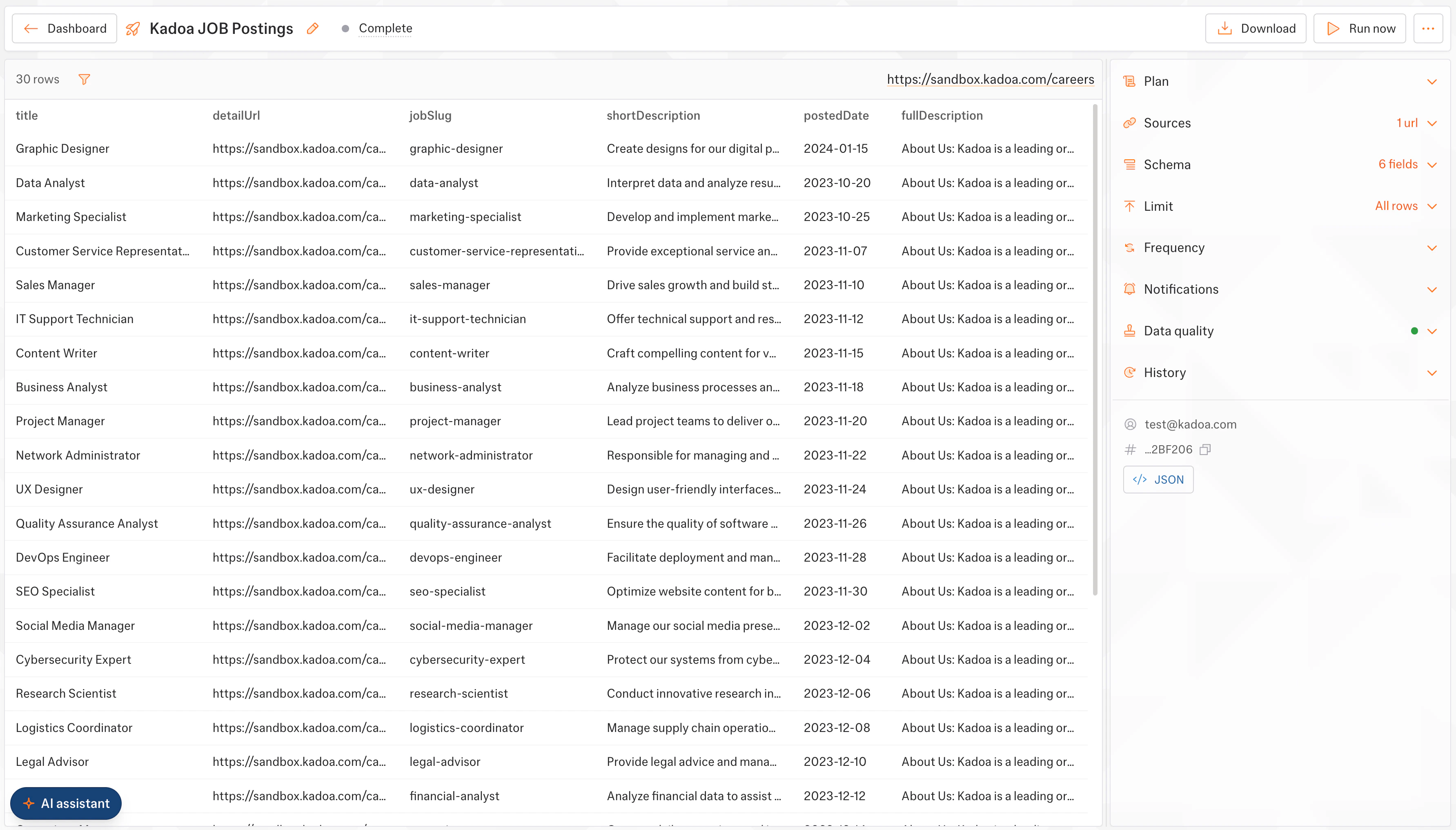 A completed workflow showing the full extracted dataset, with download and run controls and the data quality panel