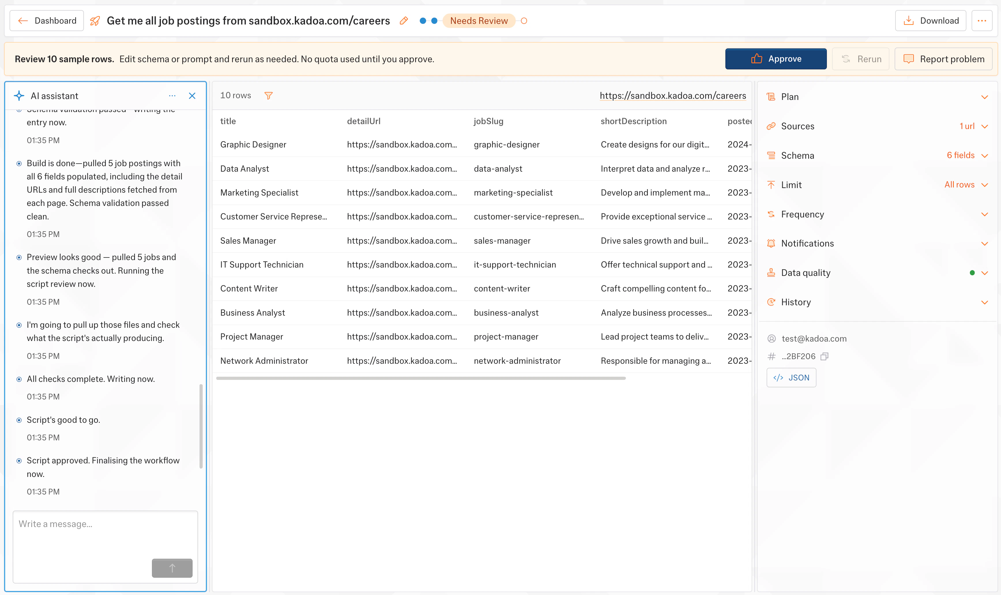 Sample data extracted by the Assistant, shown as a structured table