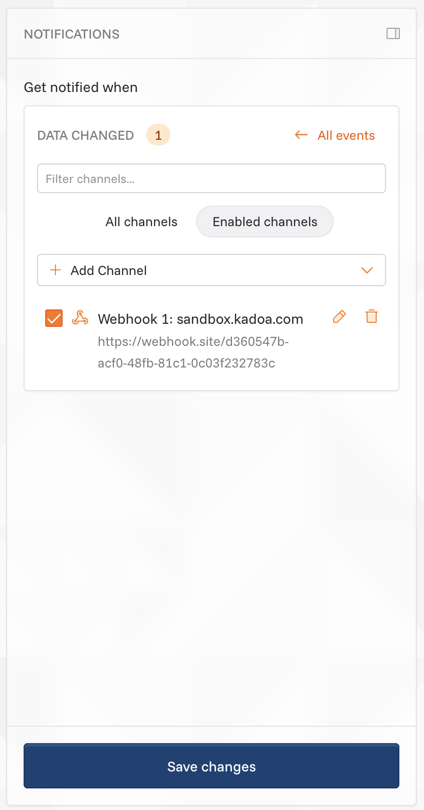 Screenshot of webhook channel selection in workflow UI
