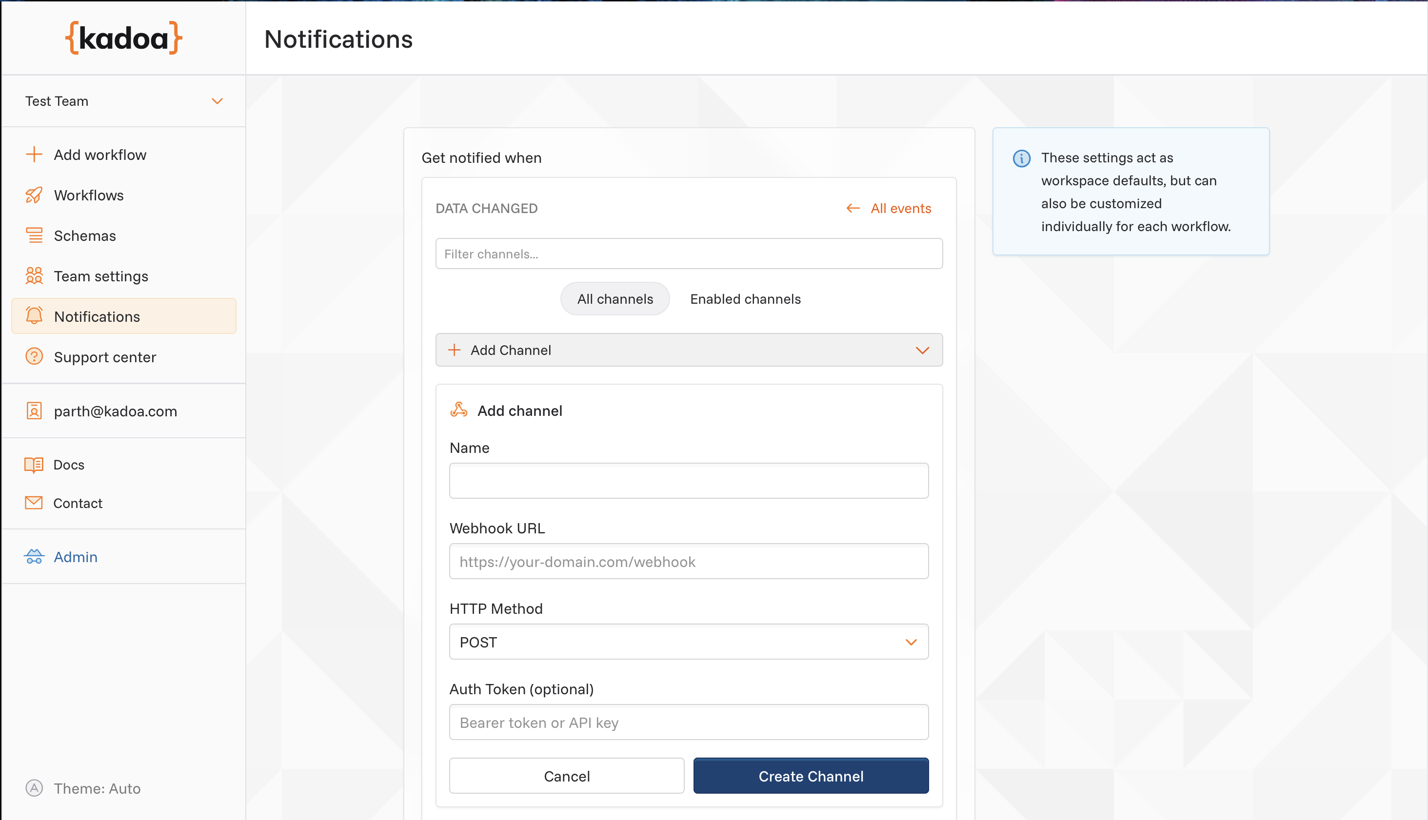 Screenshot of webhook channel selection in workspace UI