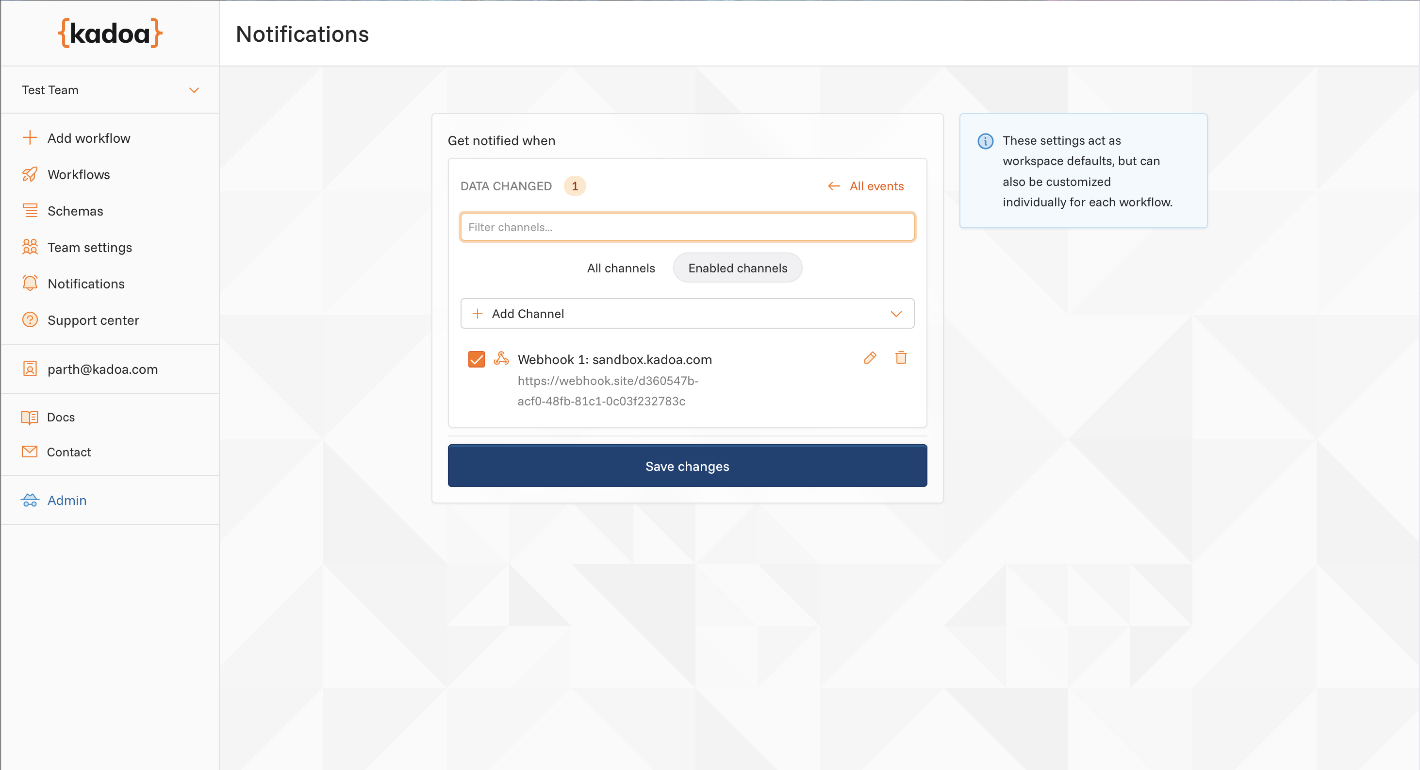 Screenshot of webhook channel selection in workspace UI