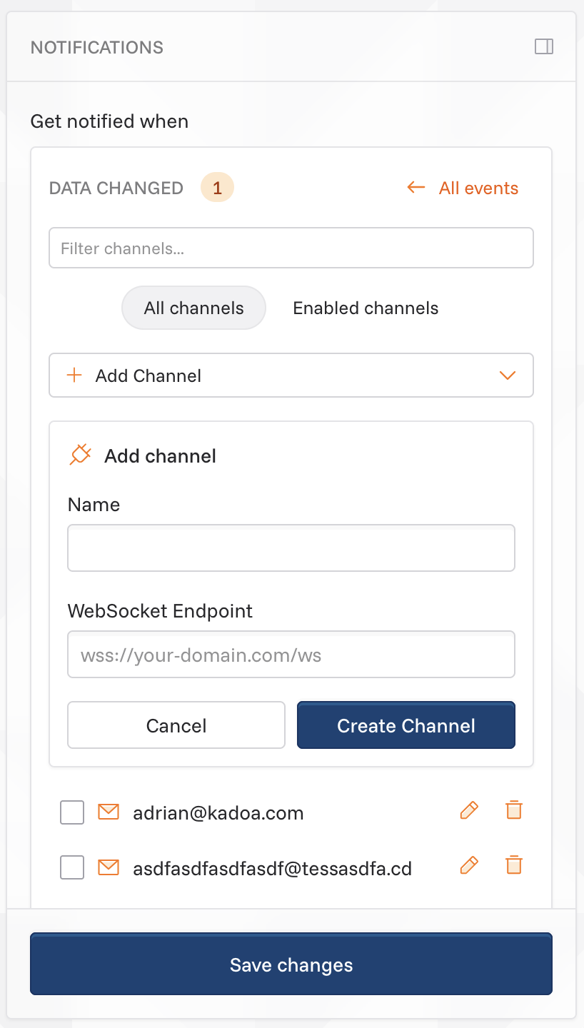 Screenshot of WebSocket channel selection in workflow UI