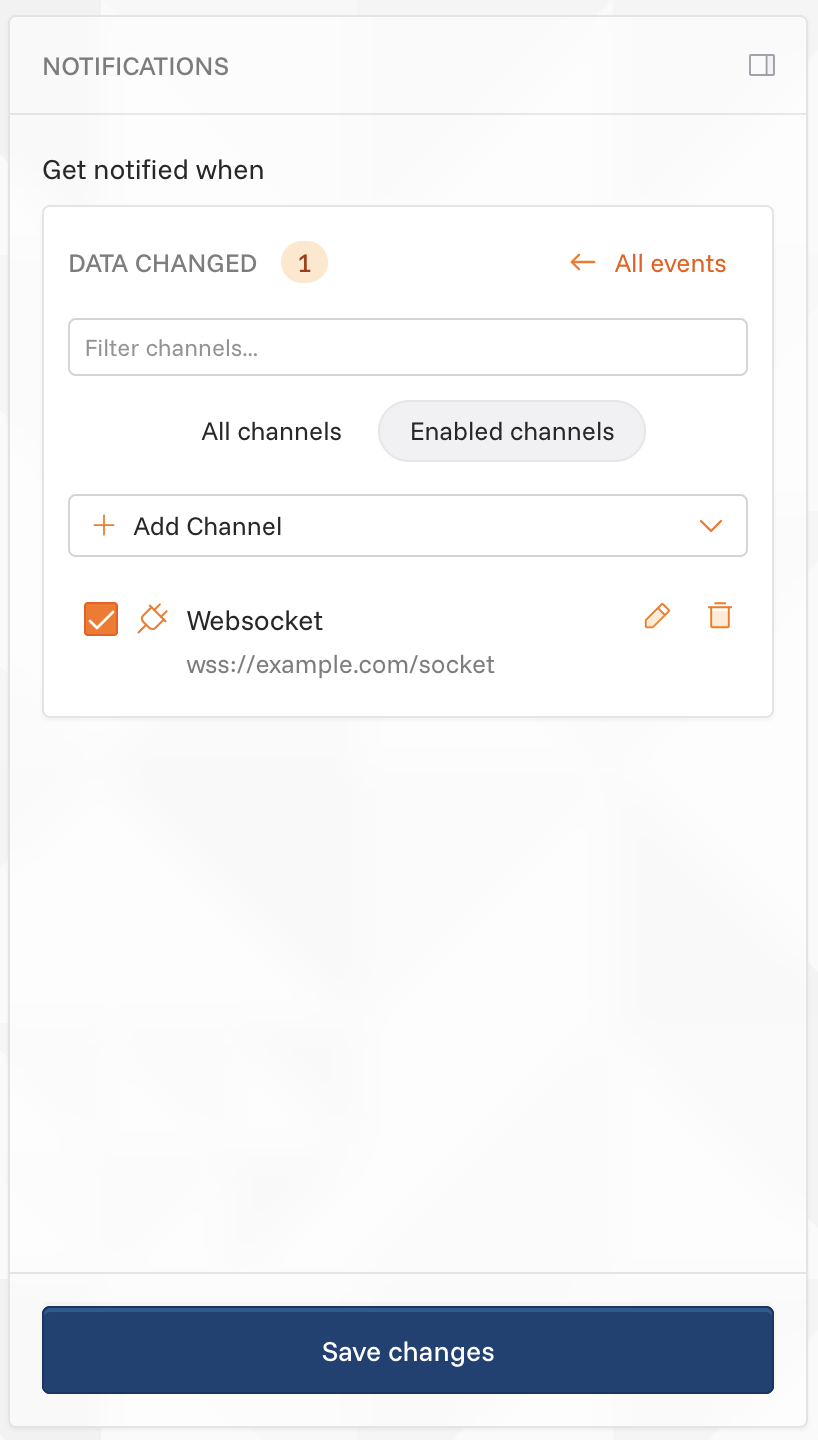 Screenshot of WebSocket channel selection in workflow UI