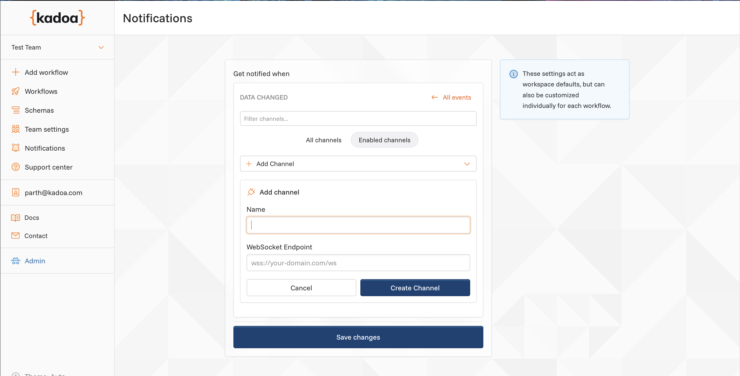 Screenshot of WebSocket channel creation in workspace UI