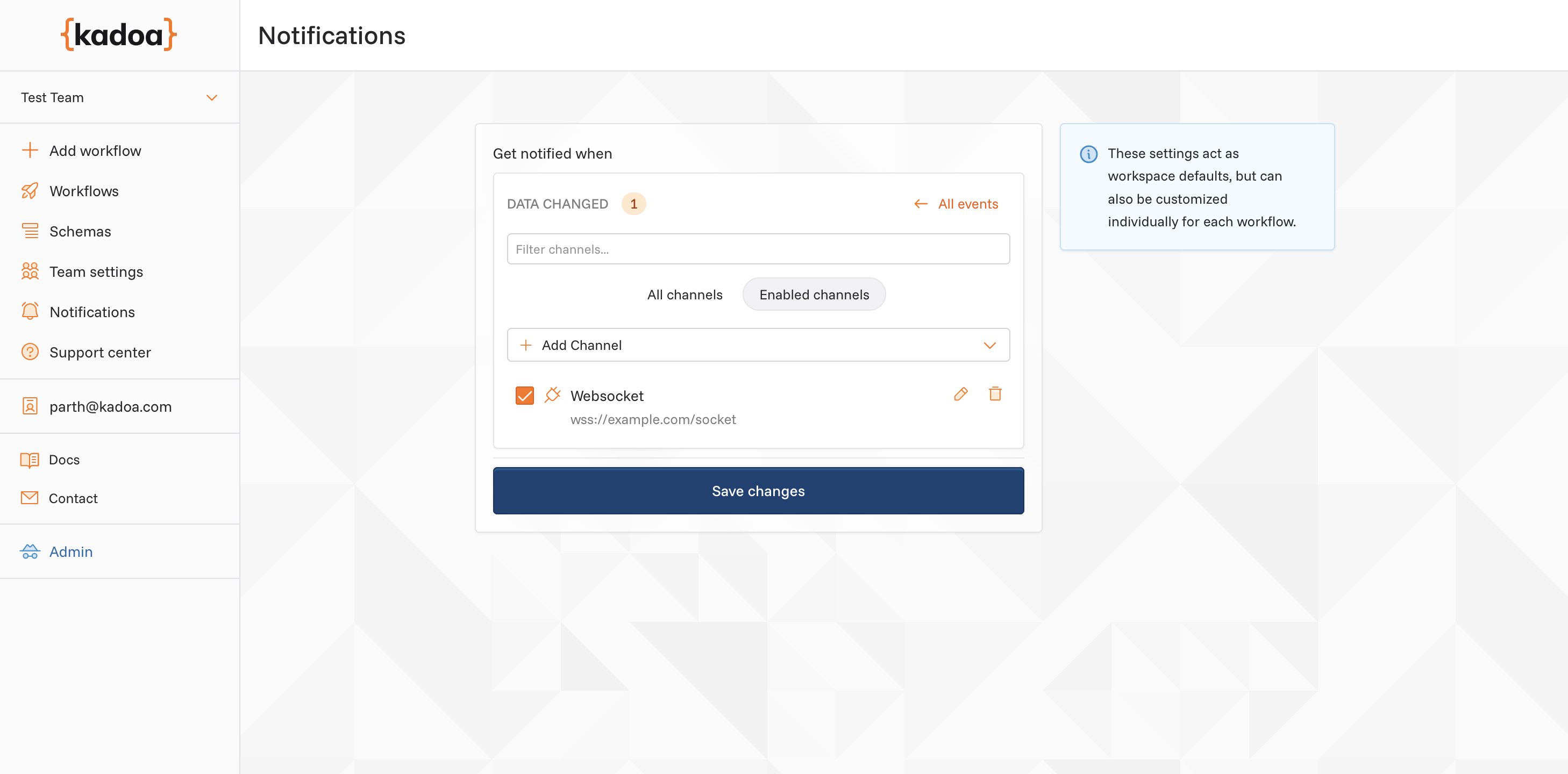 Screenshot of WebSocket channel selection in workspace UI