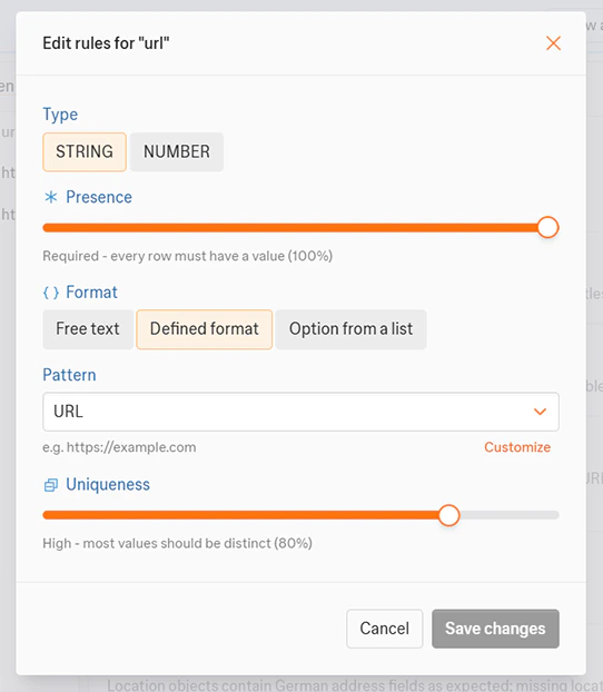Workflow data quality edit dialog
