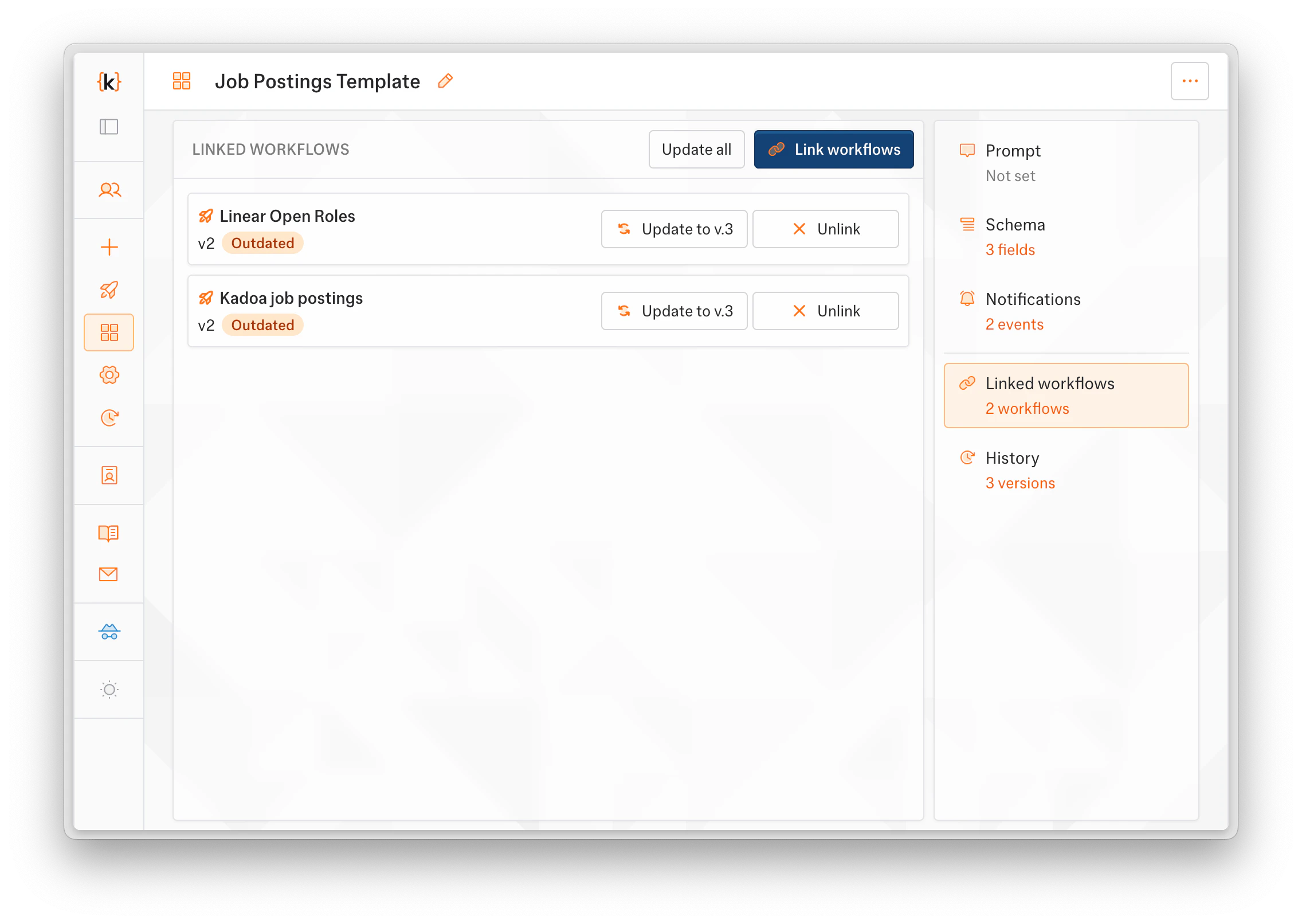 Linked workflows with outdated badges and update buttons