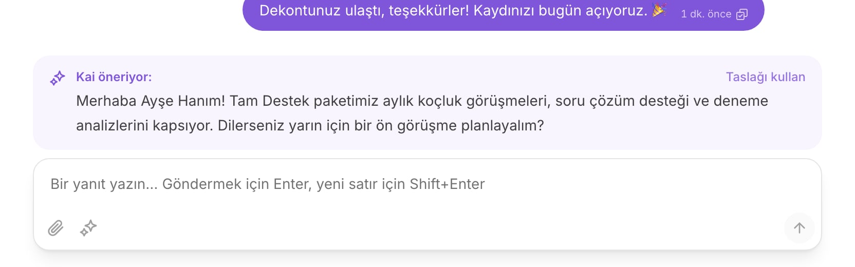 Kai yazma alanının üstünde bir taslak öneriyor