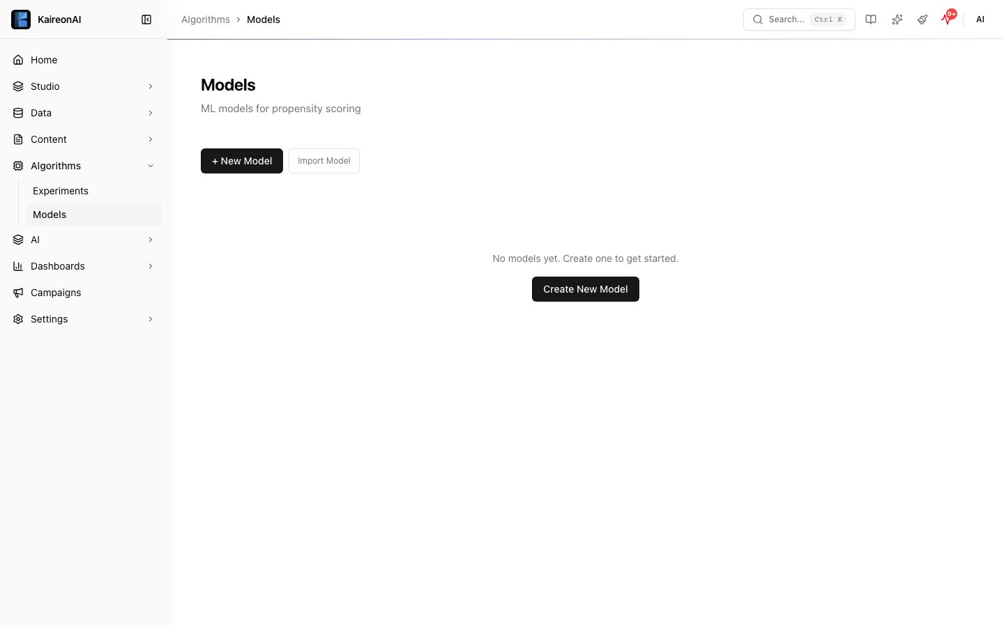 Algorithm Models list view in the Algorithms module