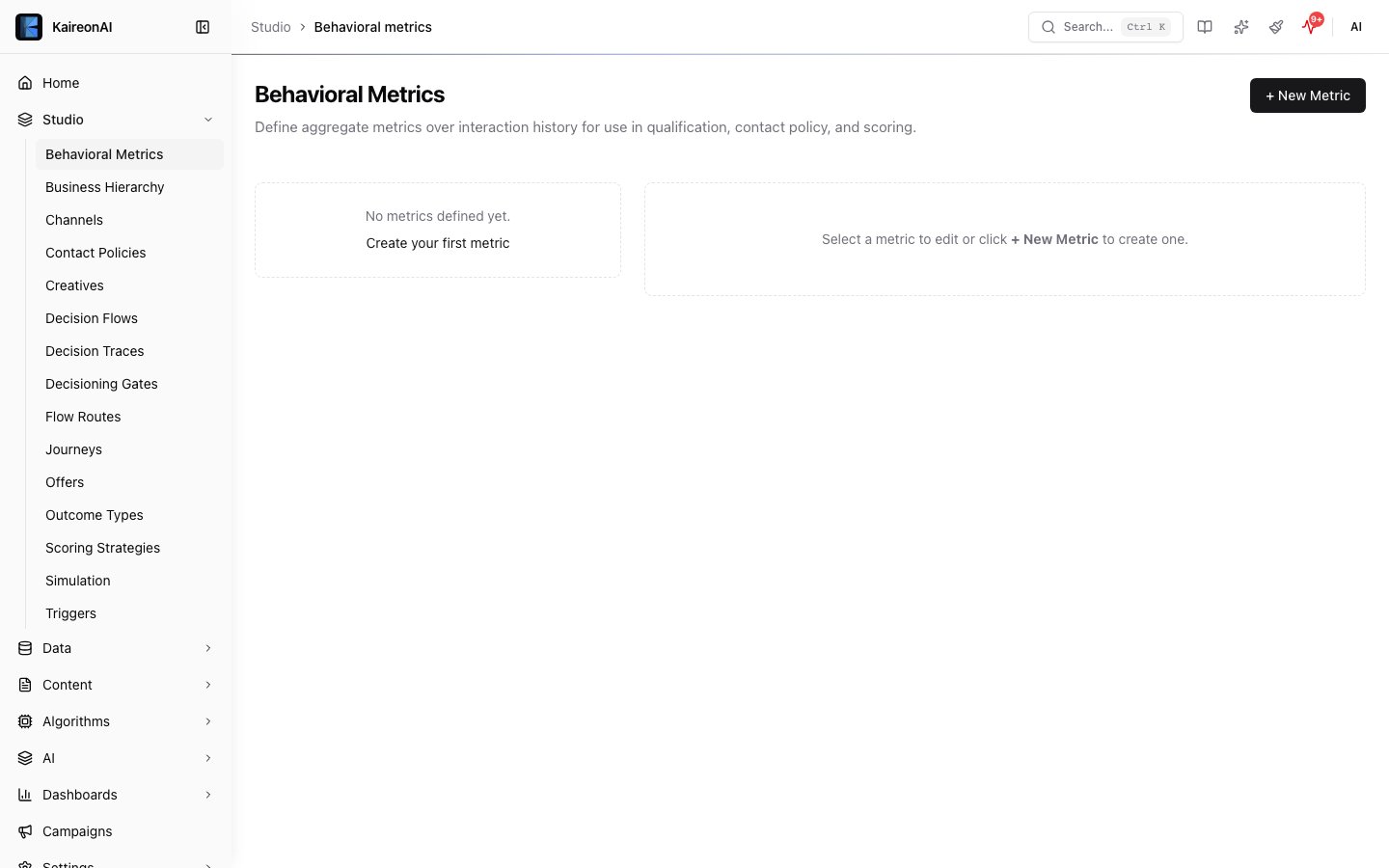 Behavioral Metrics list view in the Studio module