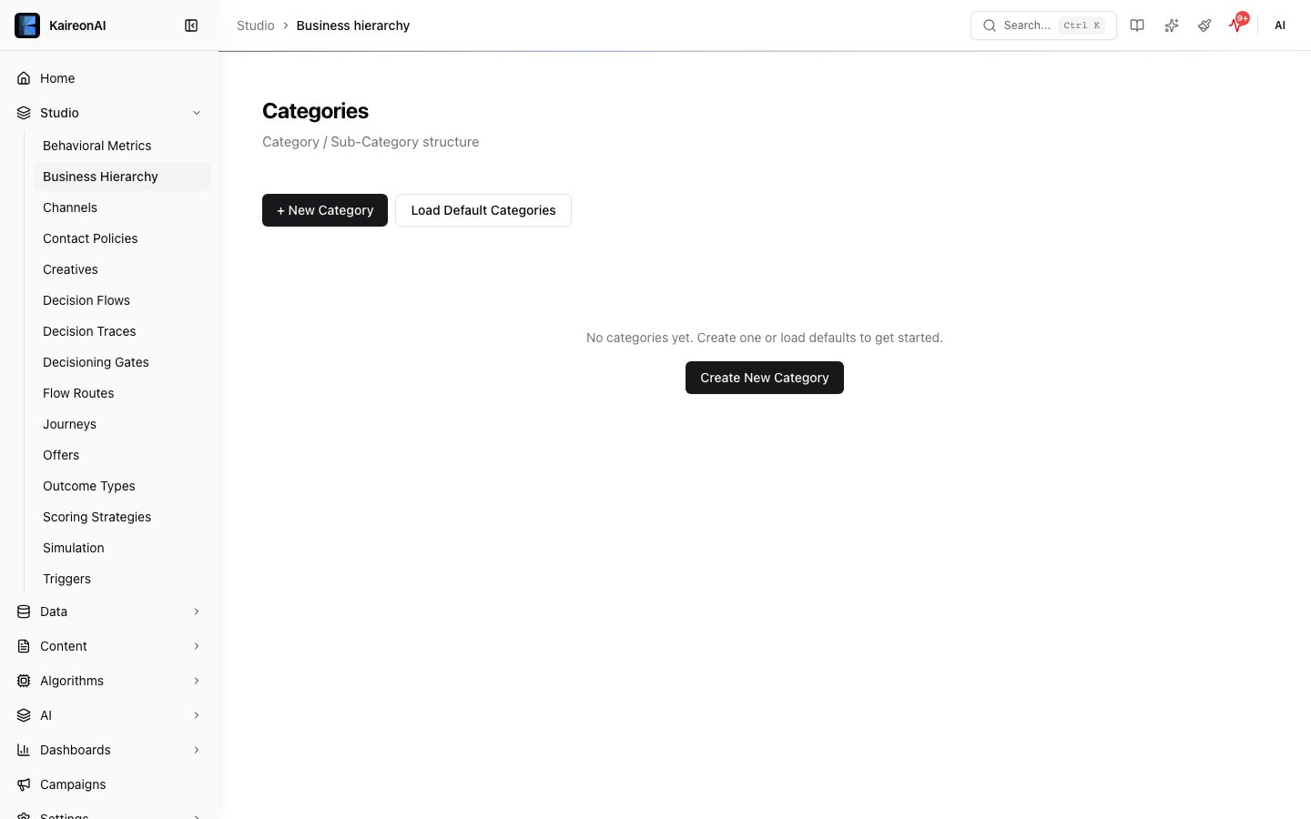 Business Hierarchy page showing categories and sub-categories