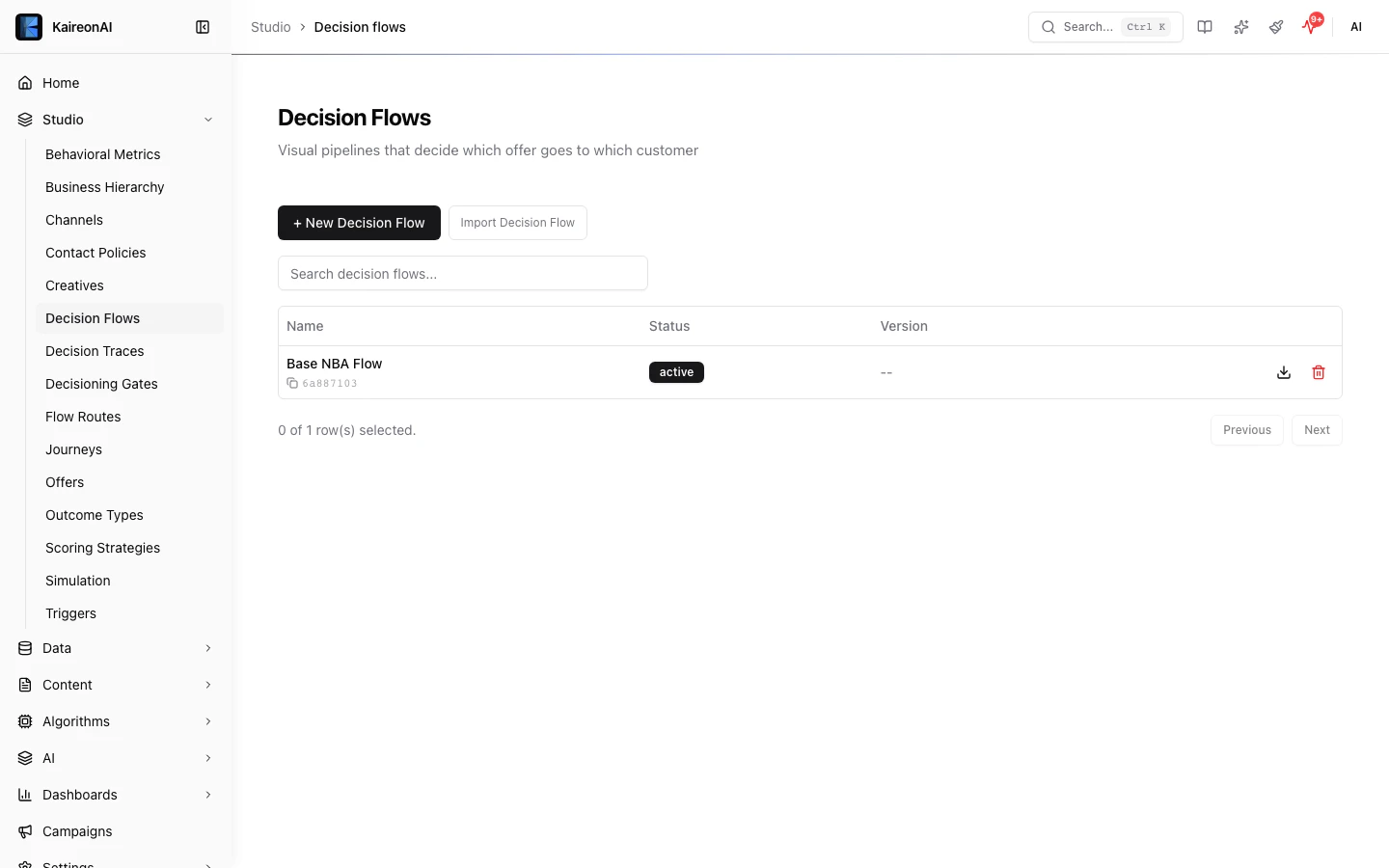 Decision Flows list view in the Kaireon Studio