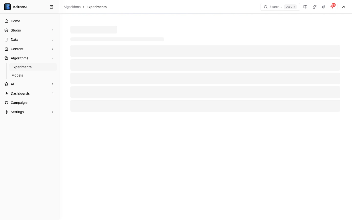 Experiments list view in the Algorithms module