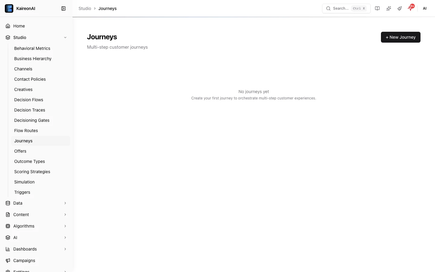 Journeys list view in the Studio module