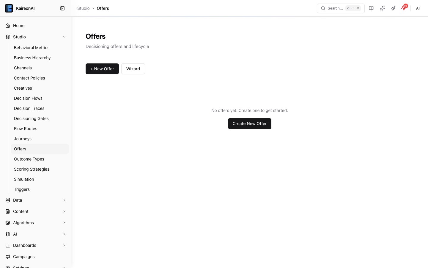 Actions page showing offers in the Studio module