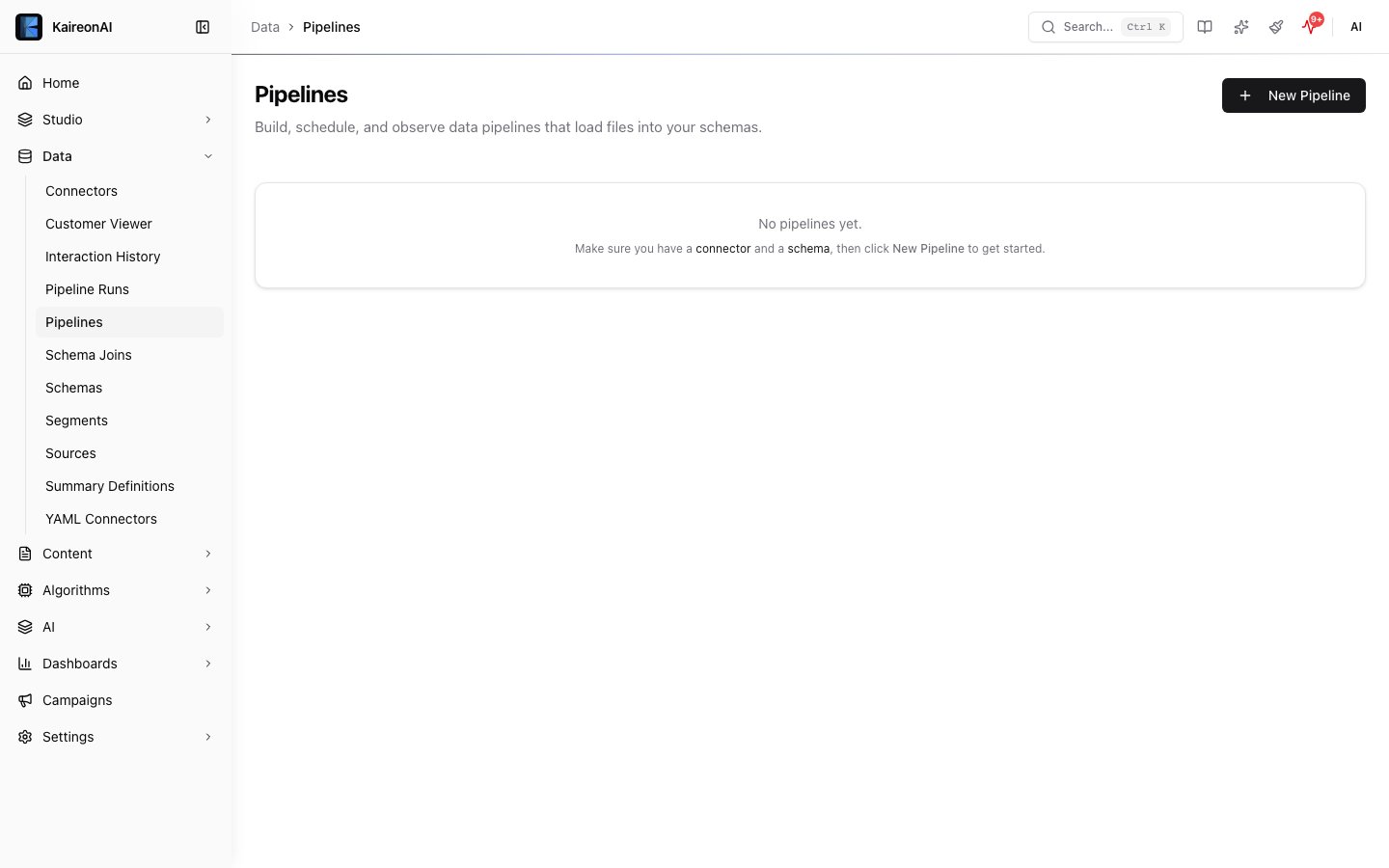 Flow Pipelines list view in the Data module