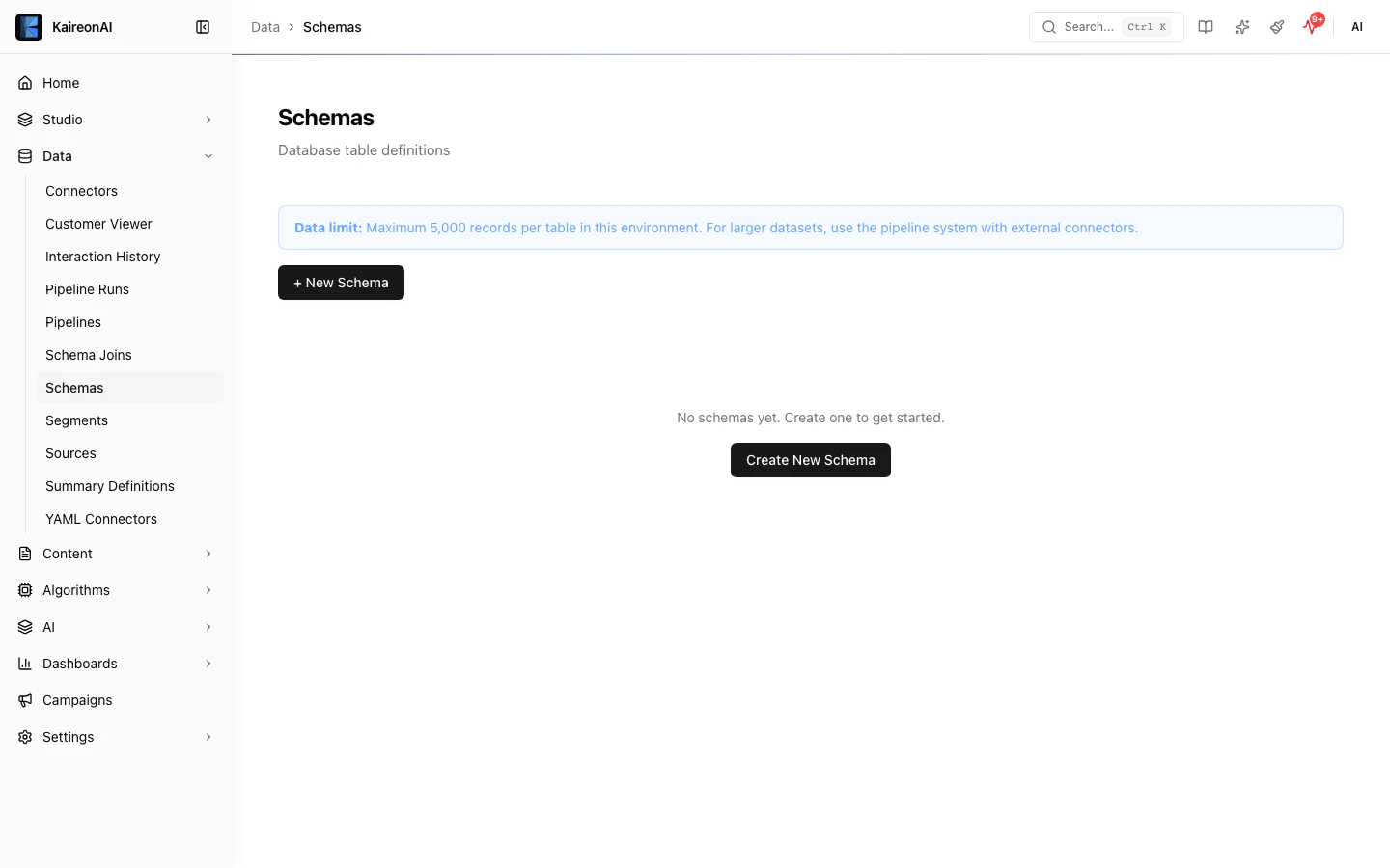 Schemas list view in the Data module where joins are configured